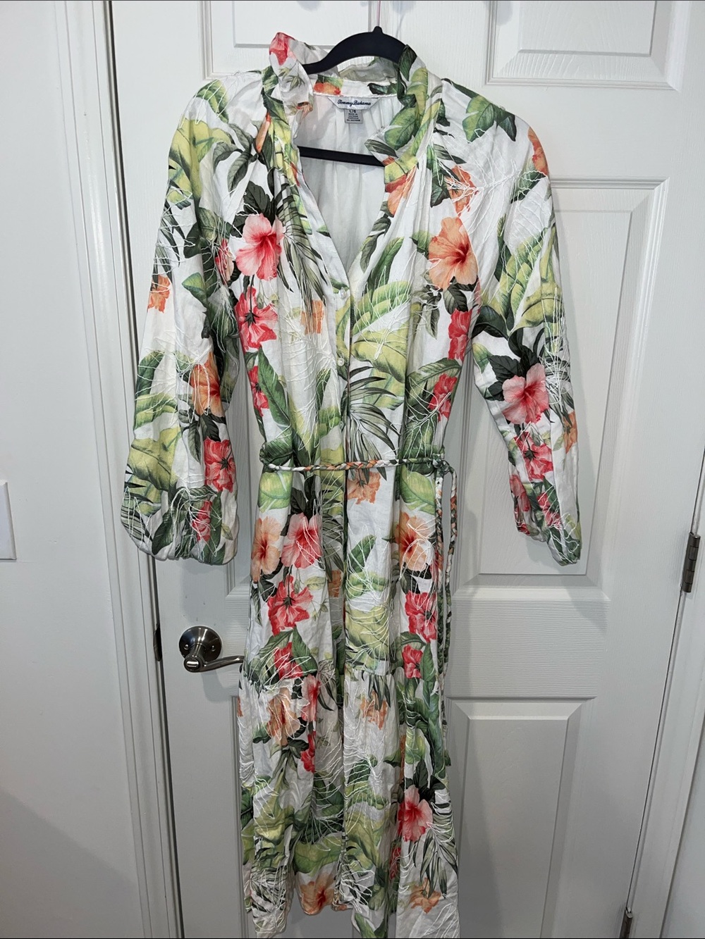 Tommy Bahama White Tropical Floral Maxi Dress with Green Leaves